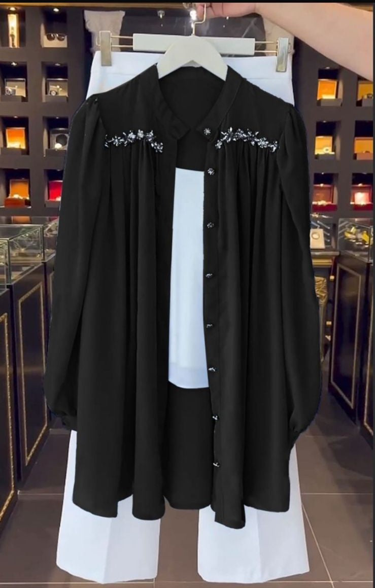 Black Embellished Chiffon Long Shrug