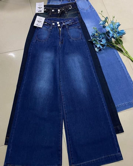 High Waisted Wide Leg Denim Trousers