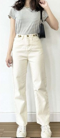 High Waisted Cream Jeans and Striped Tee Outfit