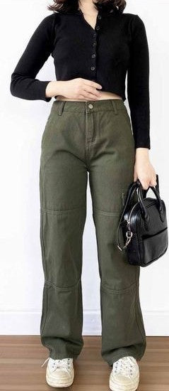 Cropped Black Cardigan and Olive Green Carpenter Trousers Ensemble