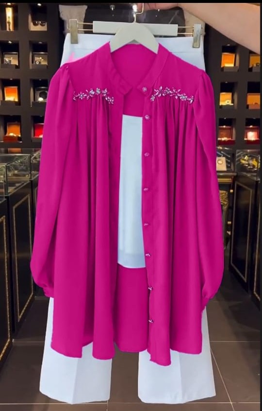 Magenta Embellished Chiffon Long Shrug