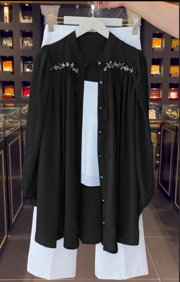 Black Embellished Chiffon Long Shrug