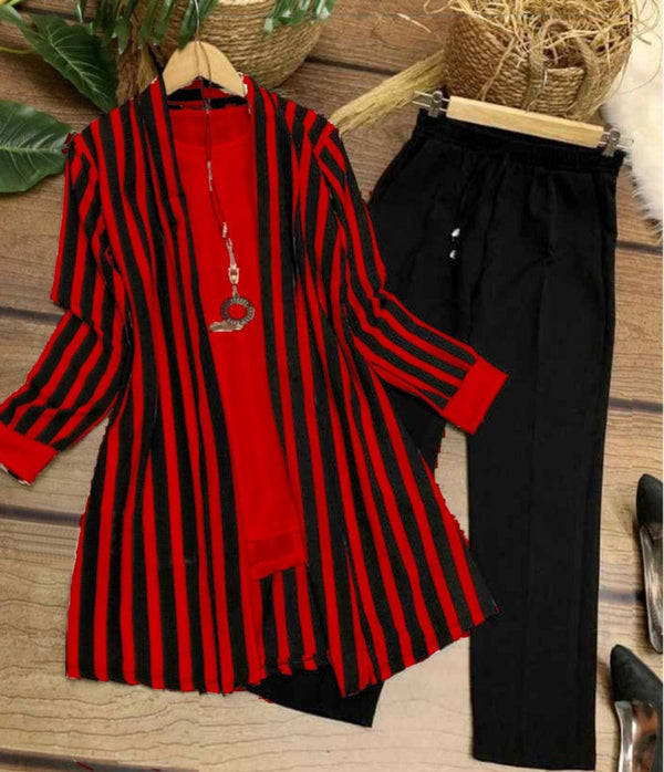 Red and Black Stripe Long Shrug Set with Trousers