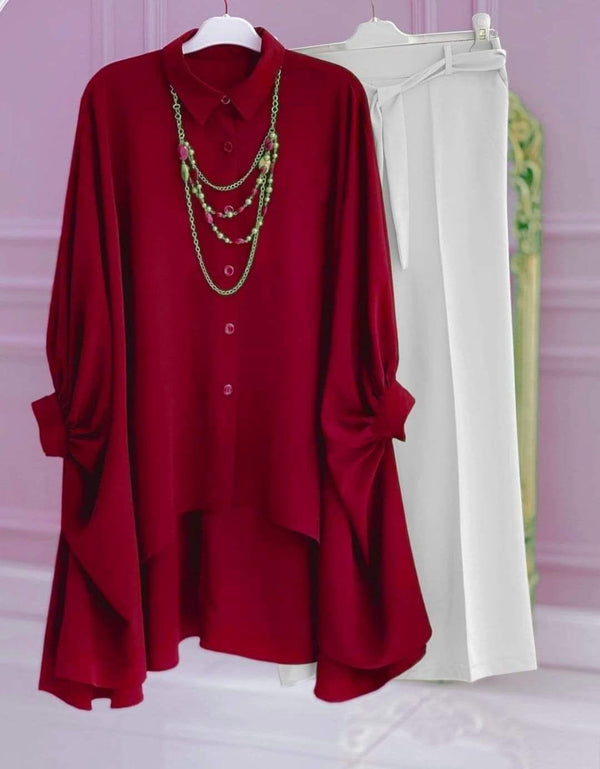 Ruby Red High Low Tunic and White Trousers Set